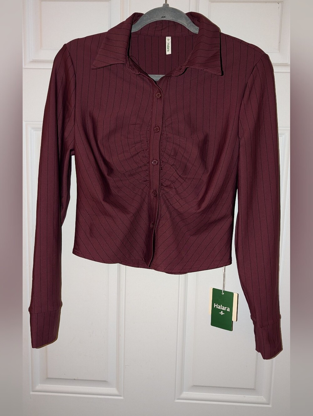 Halara Ruched Long Sleeve Curved Hem InstantCool Work Shirt Wine Black NWT - Picture 1 of 9